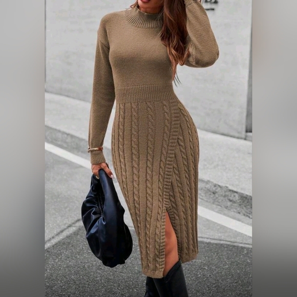 New Cable Knit Wrap Skirt Midi Dress Bodycon Tan Khaki Brown - Picture 5 of 10